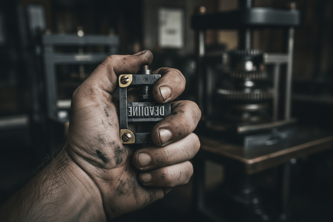 A hand holding a printing press tool, celebrating the craft of the deadline with ink smudges.