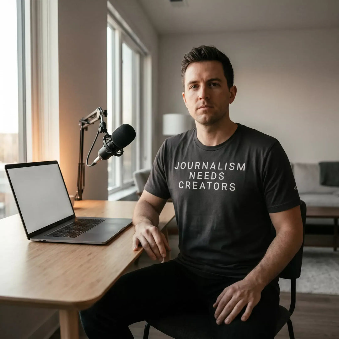Man sitting at a desk wearing a Creator Statement T-Shirt with the text &