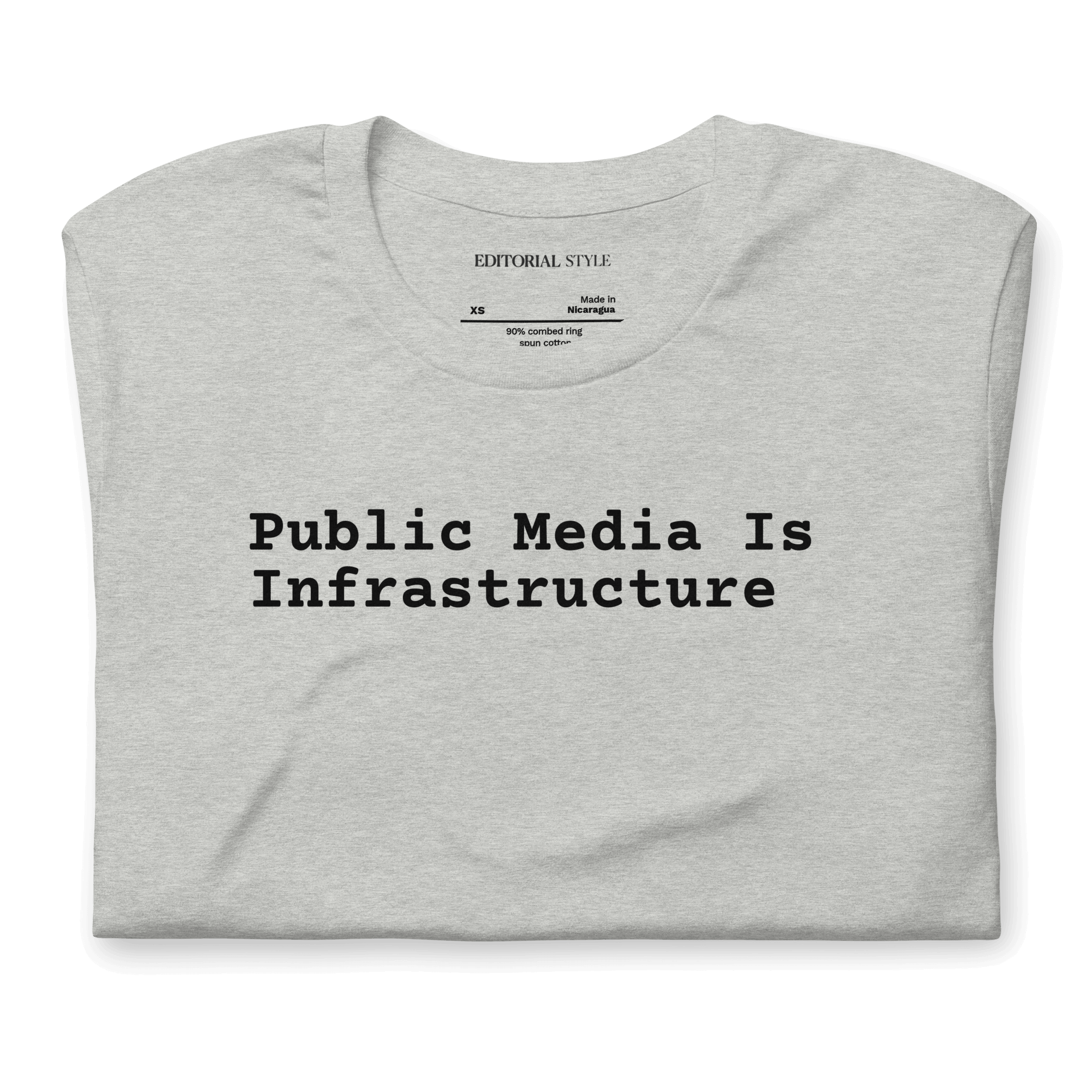 Public Media Is Infrastructure graphic tee showcasing support for vital public media services.