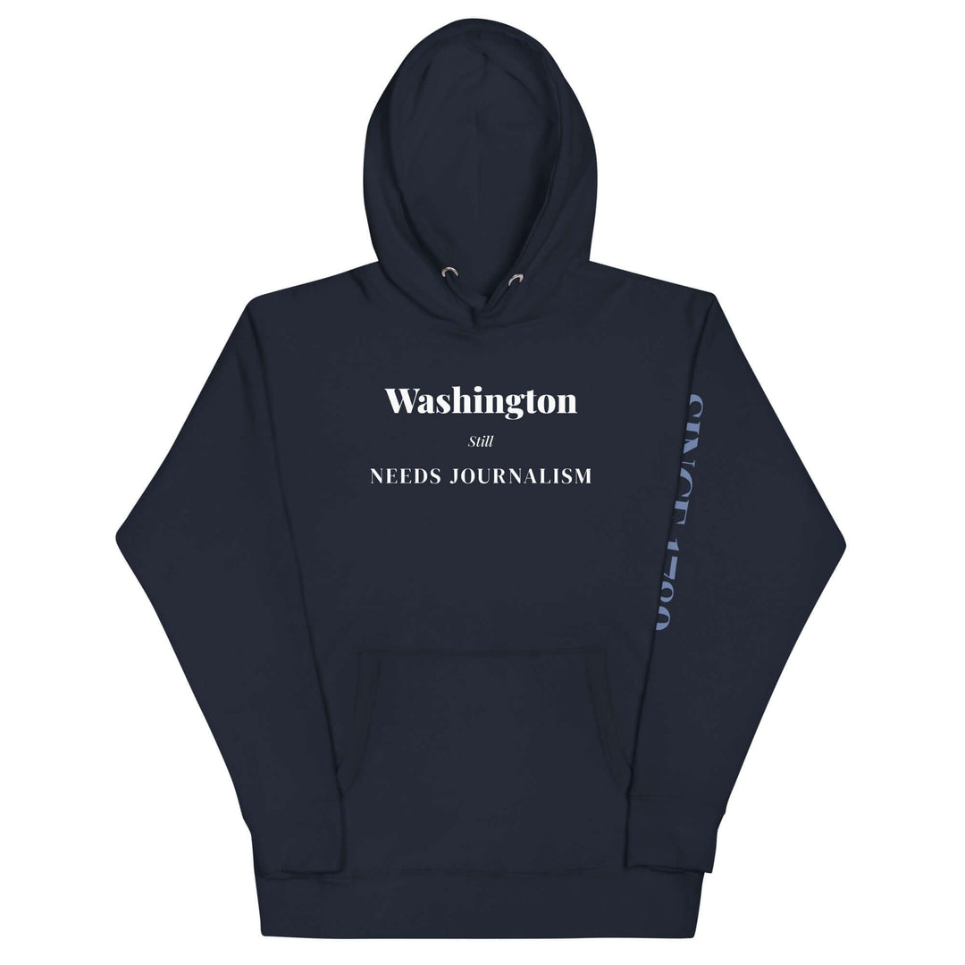 Navy Cotton Heritage unisex hoodie with white text on the chest and history printed down the left sleeve