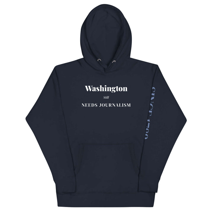 Navy Cotton Heritage unisex hoodie with white text on the chest and history printed down the left sleeve