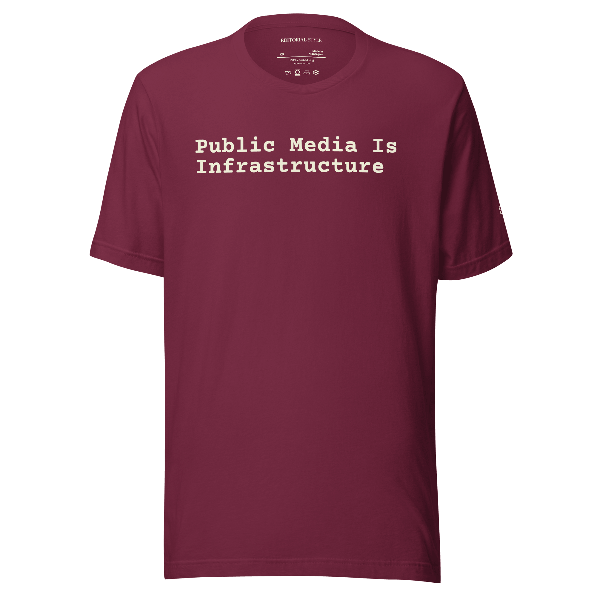 Public Media Is Infrastructure t-shirt in burgundy color promoting Public Media advocacy.